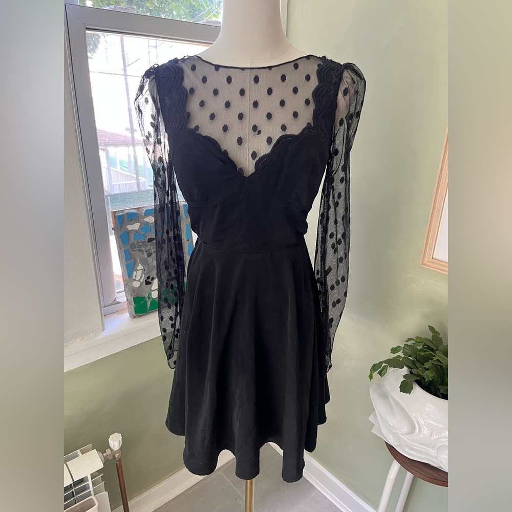 Free People black cocktail dress with polka dot mesh